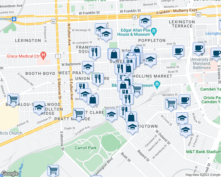 map of restaurants, bars, coffee shops, grocery stores, and more near W Pratt St & S Calhoun St in Baltimore