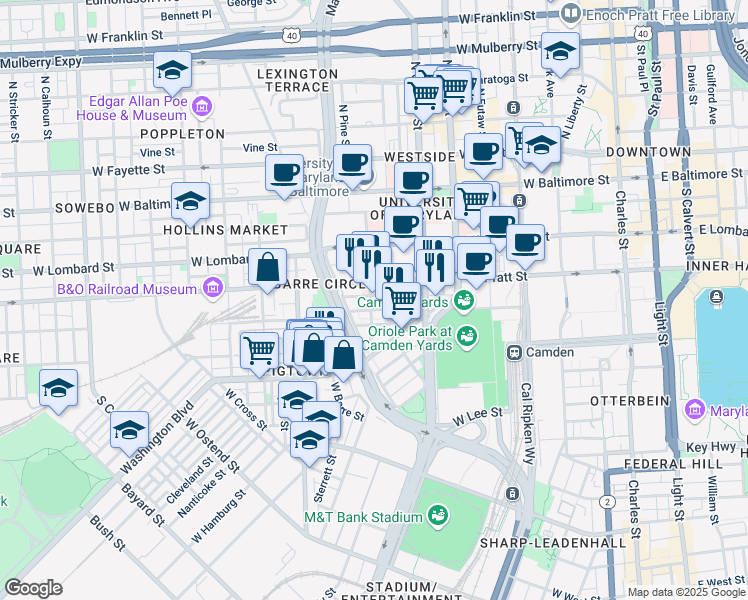 map of restaurants, bars, coffee shops, grocery stores, and more near 217 Penn Street in Baltimore