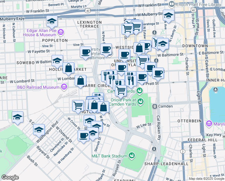 map of restaurants, bars, coffee shops, grocery stores, and more near 217 Penn Street in Baltimore