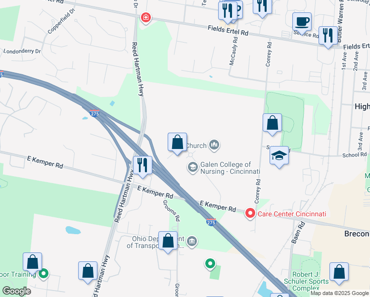 map of restaurants, bars, coffee shops, grocery stores, and more near 399 East Business Way in Sharonville