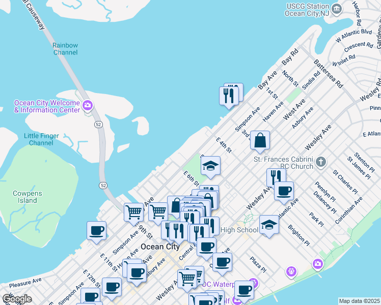 map of restaurants, bars, coffee shops, grocery stores, and more near 500 Bay Avenue in Ocean City