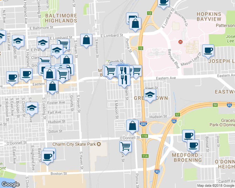 map of restaurants, bars, coffee shops, grocery stores, and more near 621 South Macon Street in Baltimore