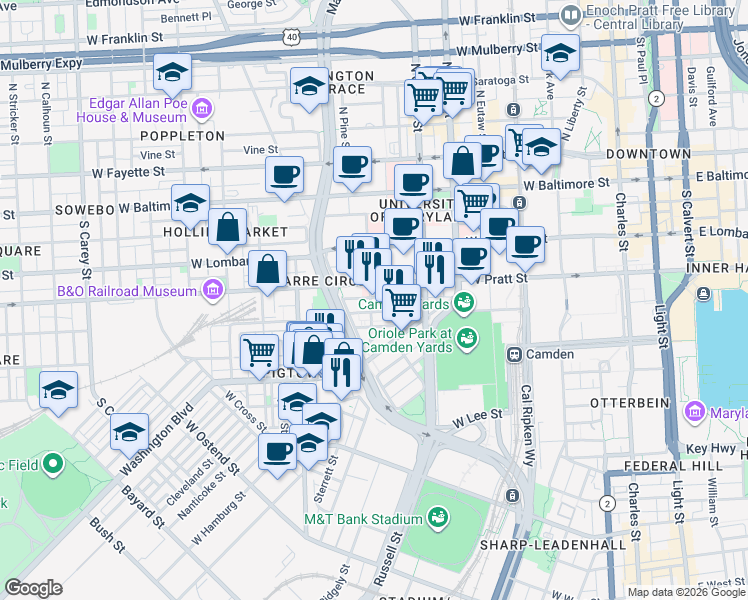 map of restaurants, bars, coffee shops, grocery stores, and more near 213 Penn Street in Baltimore
