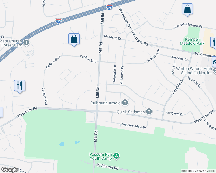 map of restaurants, bars, coffee shops, grocery stores, and more near 11451 Oxfordshire Lane in Cincinnati
