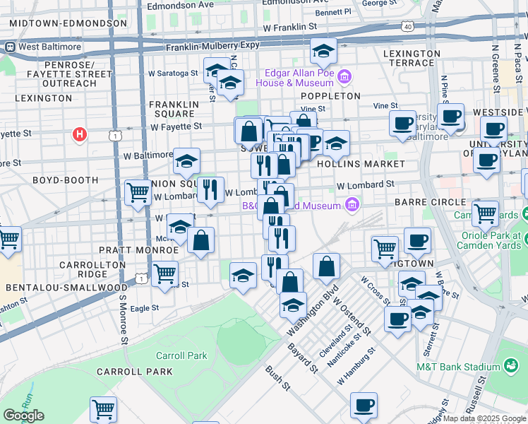 map of restaurants, bars, coffee shops, grocery stores, and more near W Pratt St & S Carey St in Baltimore