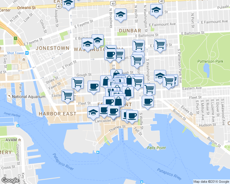 map of restaurants, bars, coffee shops, grocery stores, and more near Eastern Avenue & South Broadway in Baltimore