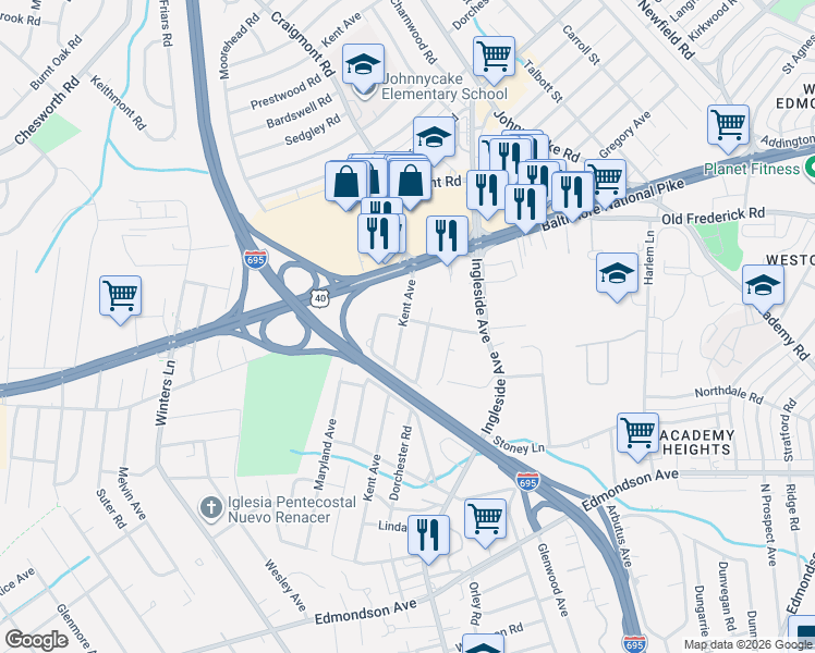 map of restaurants, bars, coffee shops, grocery stores, and more near 5733 Calverton Street in Catonsville