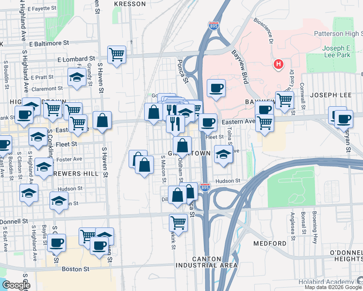 map of restaurants, bars, coffee shops, grocery stores, and more near 619 Oldham Street in Baltimore