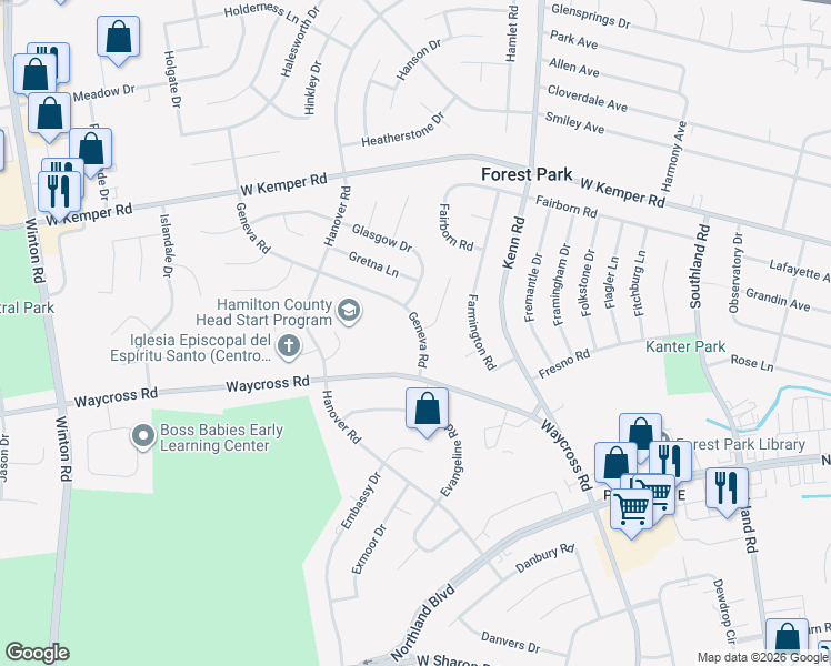 map of restaurants, bars, coffee shops, grocery stores, and more near 11391 Geneva Road in Cincinnati