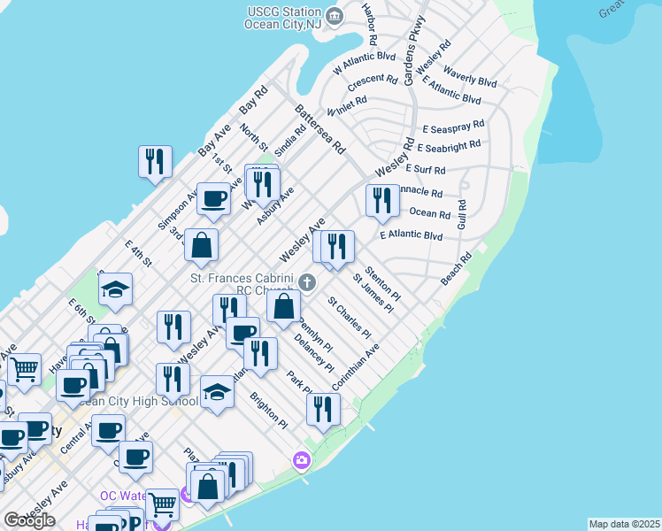 map of restaurants, bars, coffee shops, grocery stores, and more near 800-1-02 Delancey Place in Ocean City