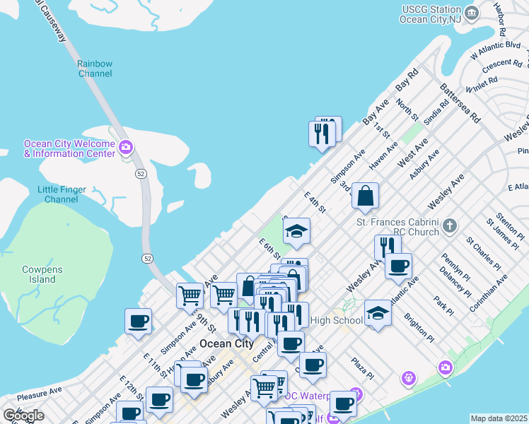 map of restaurants, bars, coffee shops, grocery stores, and more near 500 Bay Avenue in Ocean City