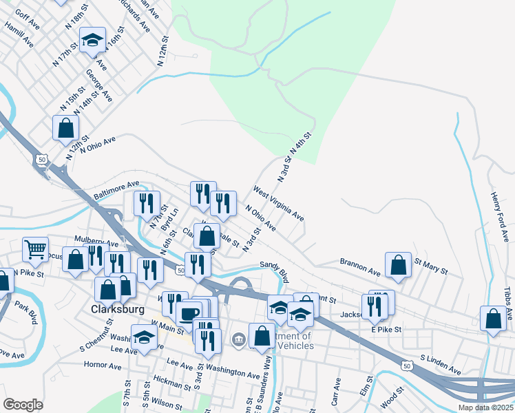 map of restaurants, bars, coffee shops, grocery stores, and more near 719 North Ohio Avenue in Clarksburg