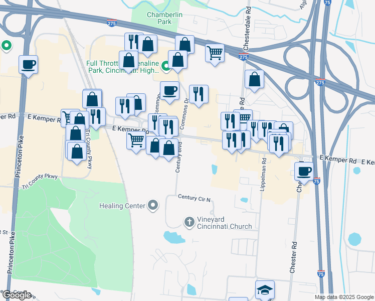 map of restaurants, bars, coffee shops, grocery stores, and more near 11560-11580 Century Blvd in Springdale