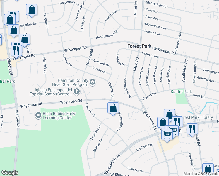 map of restaurants, bars, coffee shops, grocery stores, and more near 11367 Geneva Road in Cincinnati