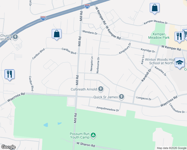 map of restaurants, bars, coffee shops, grocery stores, and more near 1554 Ottercreek Drive in Cincinnati