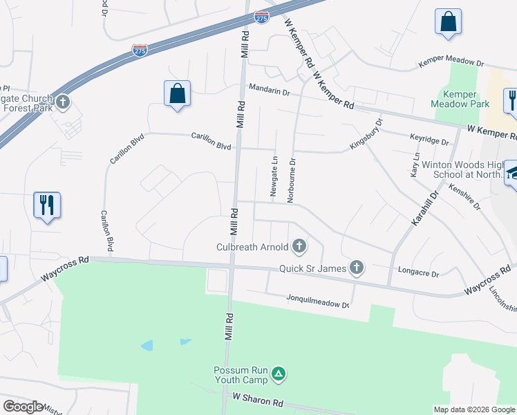 map of restaurants, bars, coffee shops, grocery stores, and more near 11451 Oxfordshire Lane in Cincinnati