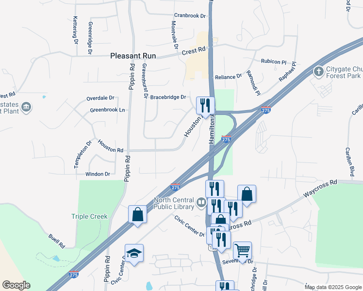 map of restaurants, bars, coffee shops, grocery stores, and more near 2457 Houston Road in Cincinnati
