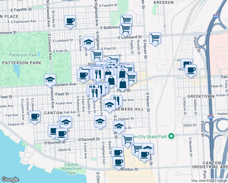map of restaurants, bars, coffee shops, grocery stores, and more near Fleet St & S Conkling St in Baltimore