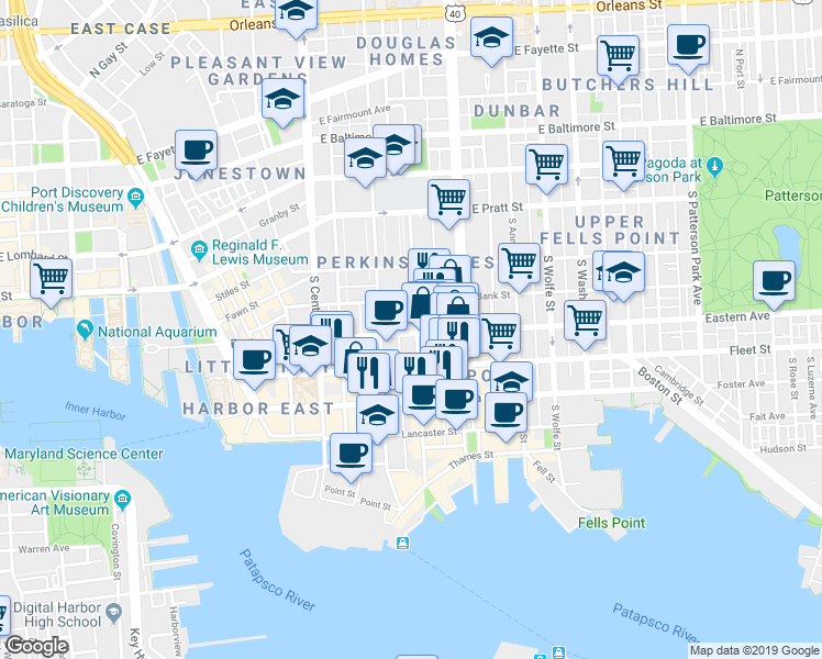map of restaurants, bars, coffee shops, grocery stores, and more near 1534 Eastern Avenue in Baltimore