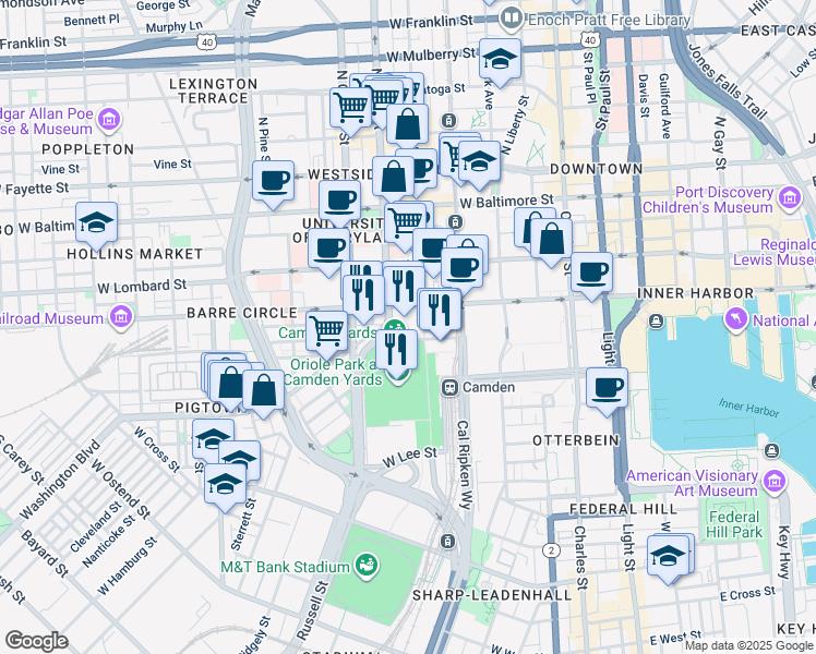 map of restaurants, bars, coffee shops, grocery stores, and more near 401 West Pratt Street in Baltimore