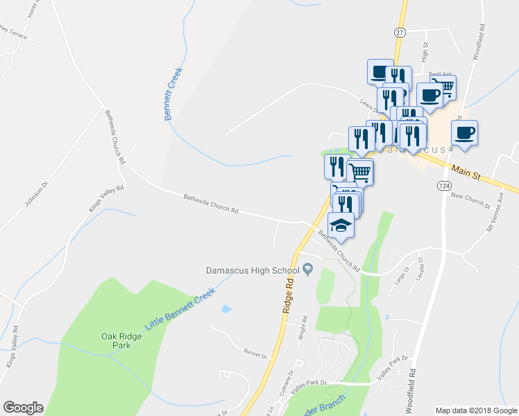 map of restaurants, bars, coffee shops, grocery stores, and more near 10315 Bethesda Church Road in Damascus