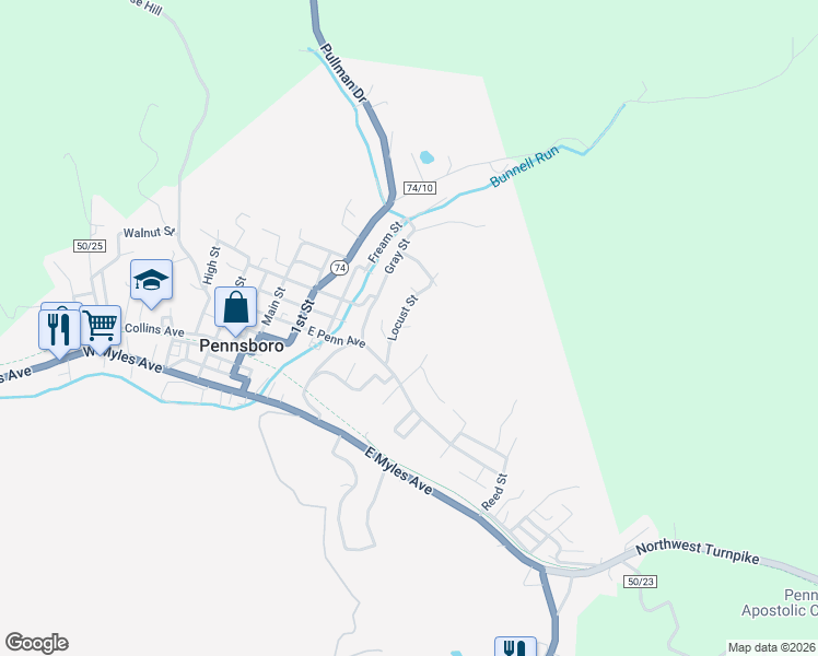map of restaurants, bars, coffee shops, grocery stores, and more near 101-109 Locust Street in Pennsboro