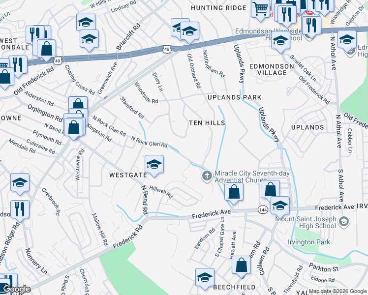 map of restaurants, bars, coffee shops, grocery stores, and more near 109 North Rock Glen Road in Baltimore
