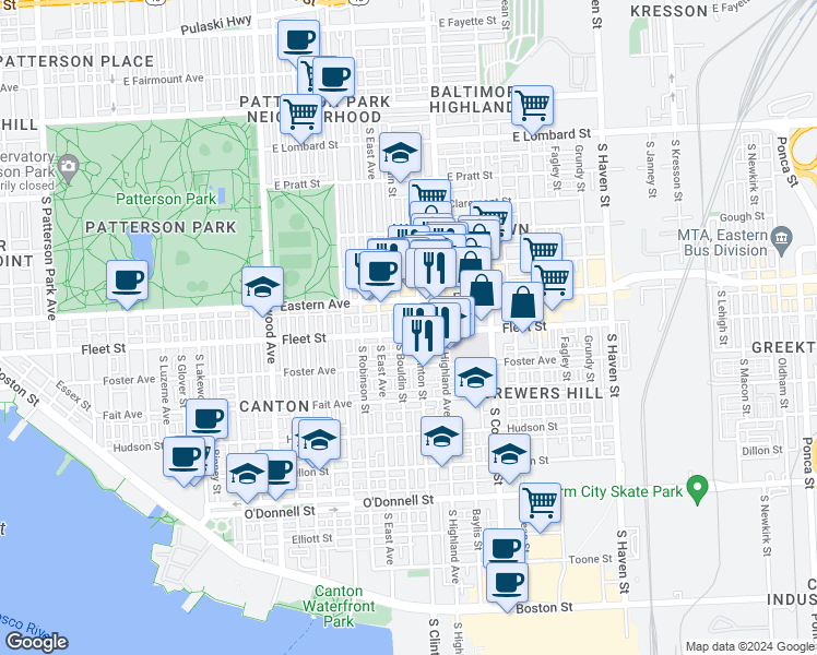 map of restaurants, bars, coffee shops, grocery stores, and more near 3210 Fleet Street in Baltimore