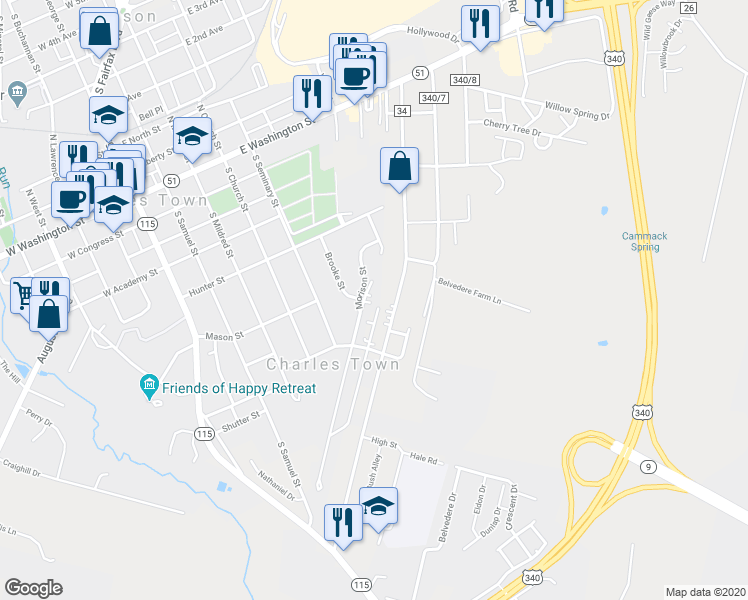 map of restaurants, bars, coffee shops, grocery stores, and more near 581 Rider Court in Charles Town