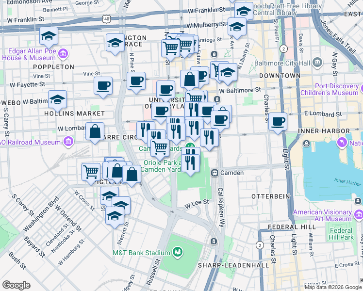 map of restaurants, bars, coffee shops, grocery stores, and more near 504 Washington Boulevard in Baltimore