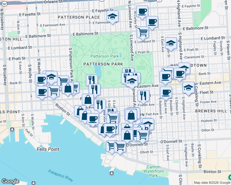 map of restaurants, bars, coffee shops, grocery stores, and more near 511 South Lakewood Avenue in Baltimore