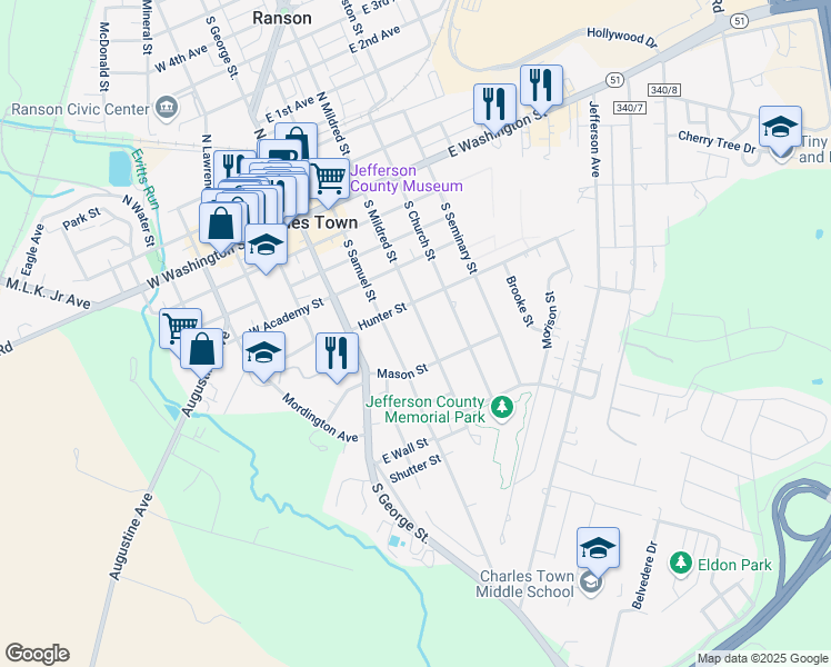 map of restaurants, bars, coffee shops, grocery stores, and more near 522 South Mildred Street in Charles Town