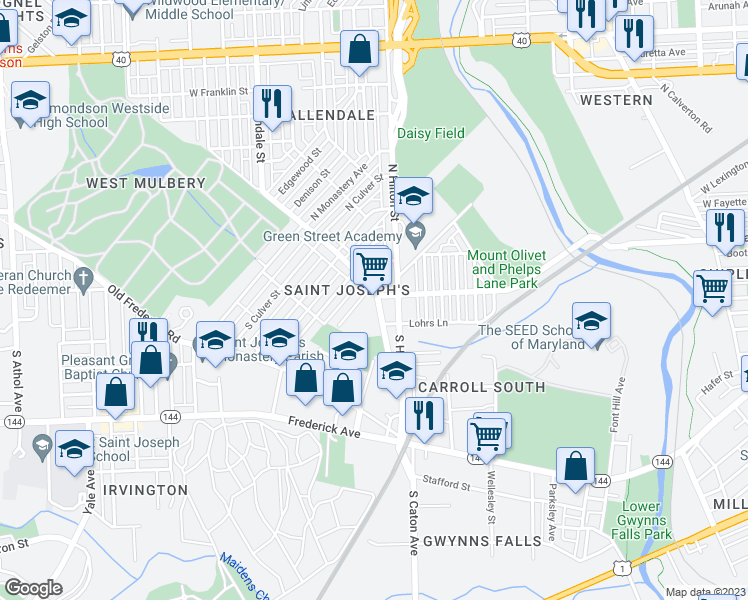 map of restaurants, bars, coffee shops, grocery stores, and more near 20 South Caton Avenue in Baltimore