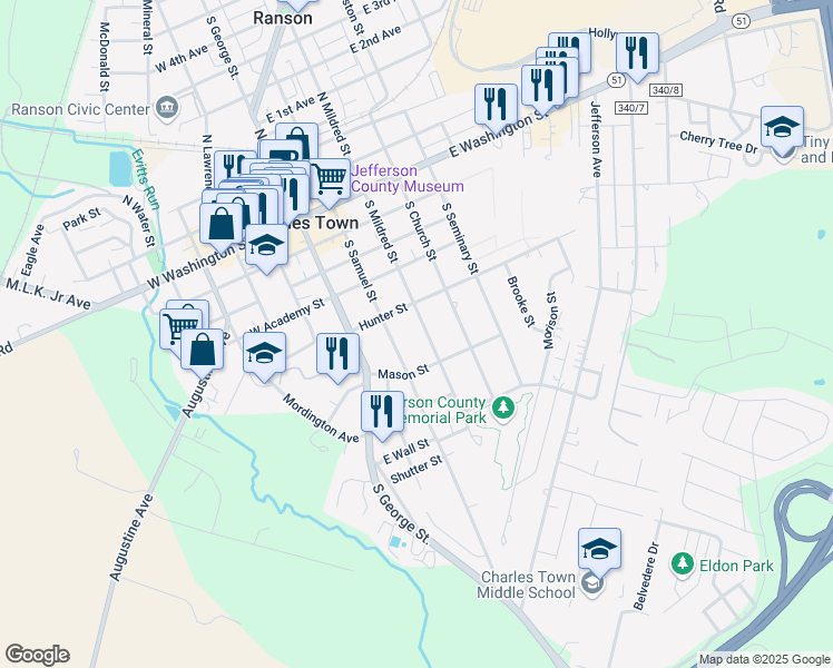 map of restaurants, bars, coffee shops, grocery stores, and more near 522 South Mildred Street in Charles Town