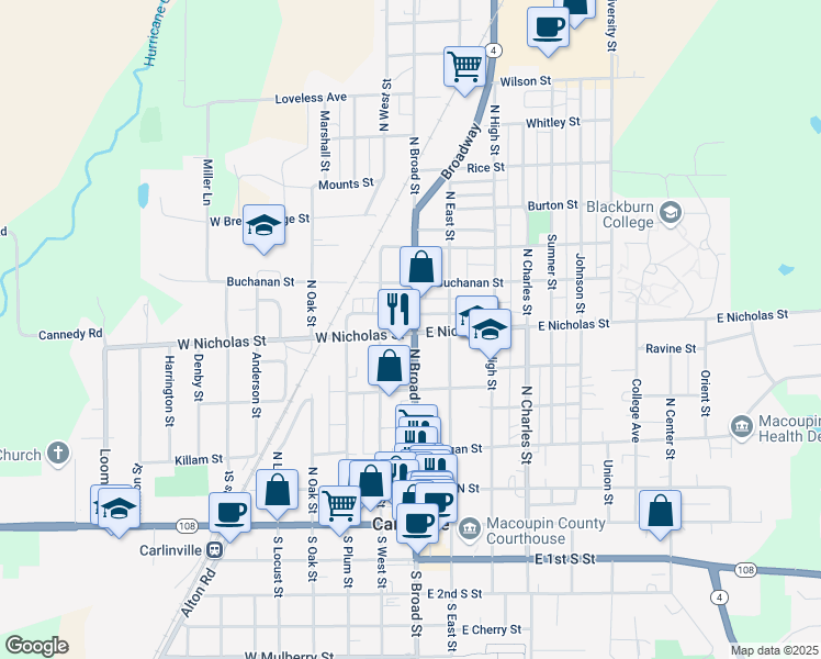 map of restaurants, bars, coffee shops, grocery stores, and more near 415 North Broad Street in Carlinville