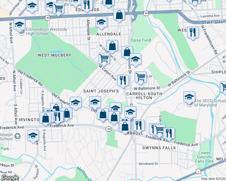map of restaurants, bars, coffee shops, grocery stores, and more near 43 South Morley Street in Baltimore