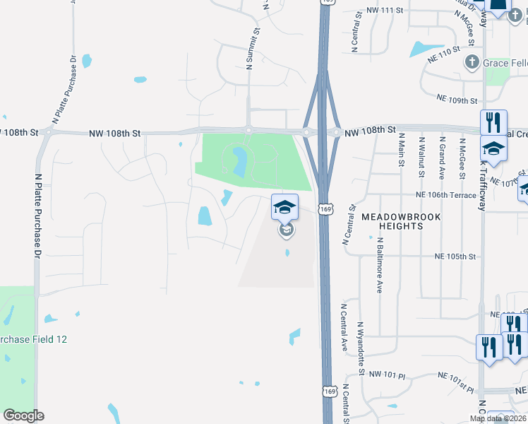 map of restaurants, bars, coffee shops, grocery stores, and more near 169 Hwy in Kansas City