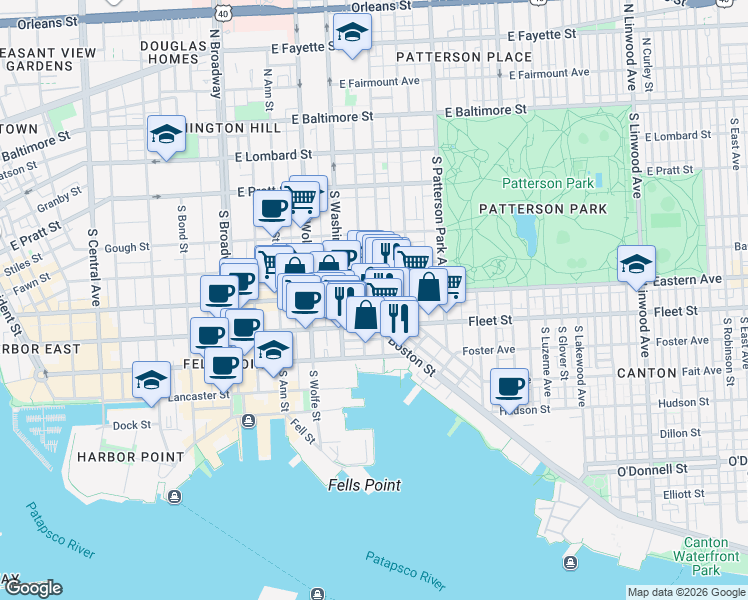 map of restaurants, bars, coffee shops, grocery stores, and more near 2033 Eastern Avenue in Baltimore