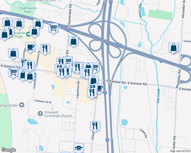 map of restaurants, bars, coffee shops, grocery stores, and more near 1770 East Kemper Road in Cincinnati