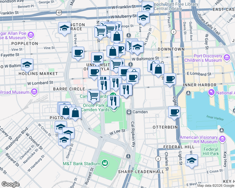 map of restaurants, bars, coffee shops, grocery stores, and more near 401 West Pratt Street in Baltimore