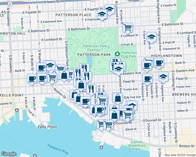 map of restaurants, bars, coffee shops, grocery stores, and more near 506 South Glover Street in Baltimore