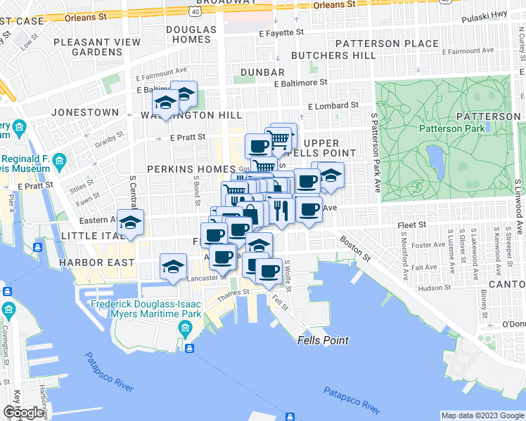 map of restaurants, bars, coffee shops, grocery stores, and more near Eastern Ave & S Ann St in Baltimore