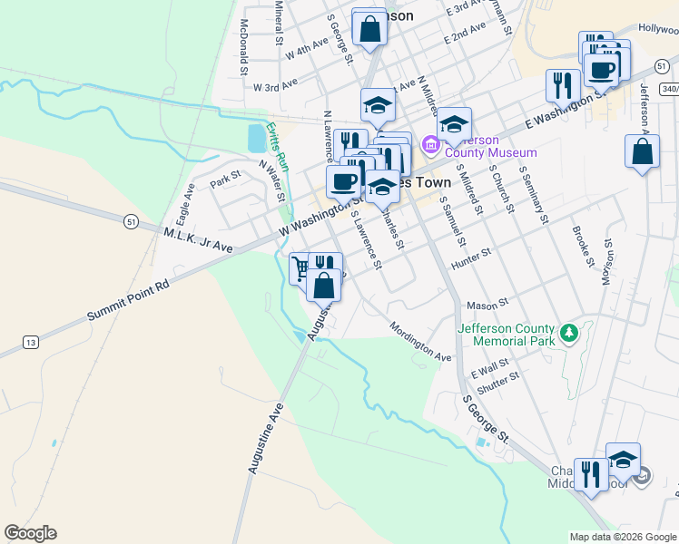 map of restaurants, bars, coffee shops, grocery stores, and more near 104 Augustine Avenue in Charles Town