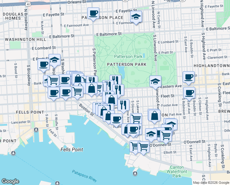 map of restaurants, bars, coffee shops, grocery stores, and more near 2513 Fleet Street in Baltimore