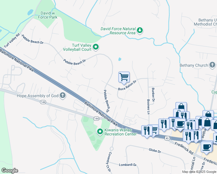 map of restaurants, bars, coffee shops, grocery stores, and more near 10401 Boca Raton Drive in Ellicott City