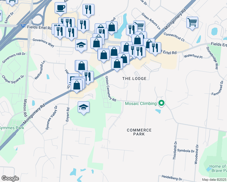 map of restaurants, bars, coffee shops, grocery stores, and more near 9201-9323 Union Cemetery Rd in Loveland