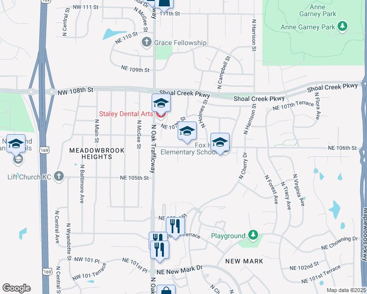 map of restaurants, bars, coffee shops, grocery stores, and more near 515 Northeast 106th Street in Kansas City
