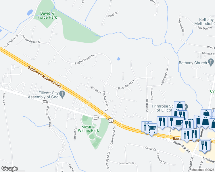map of restaurants, bars, coffee shops, grocery stores, and more near 10401 Boca Raton Drive in Ellicott City