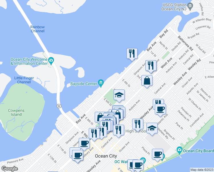 map of restaurants, bars, coffee shops, grocery stores, and more near 500 Bay Avenue in Ocean City