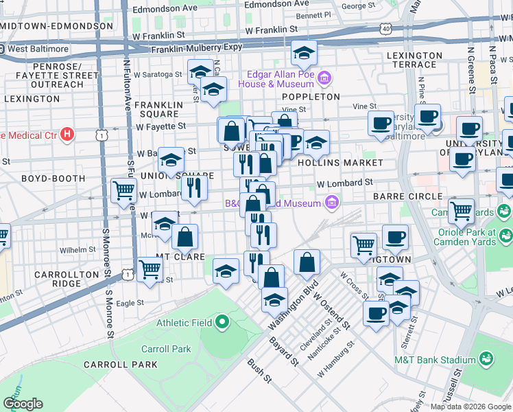 map of restaurants, bars, coffee shops, grocery stores, and more near 1226 West Pratt Street in Baltimore